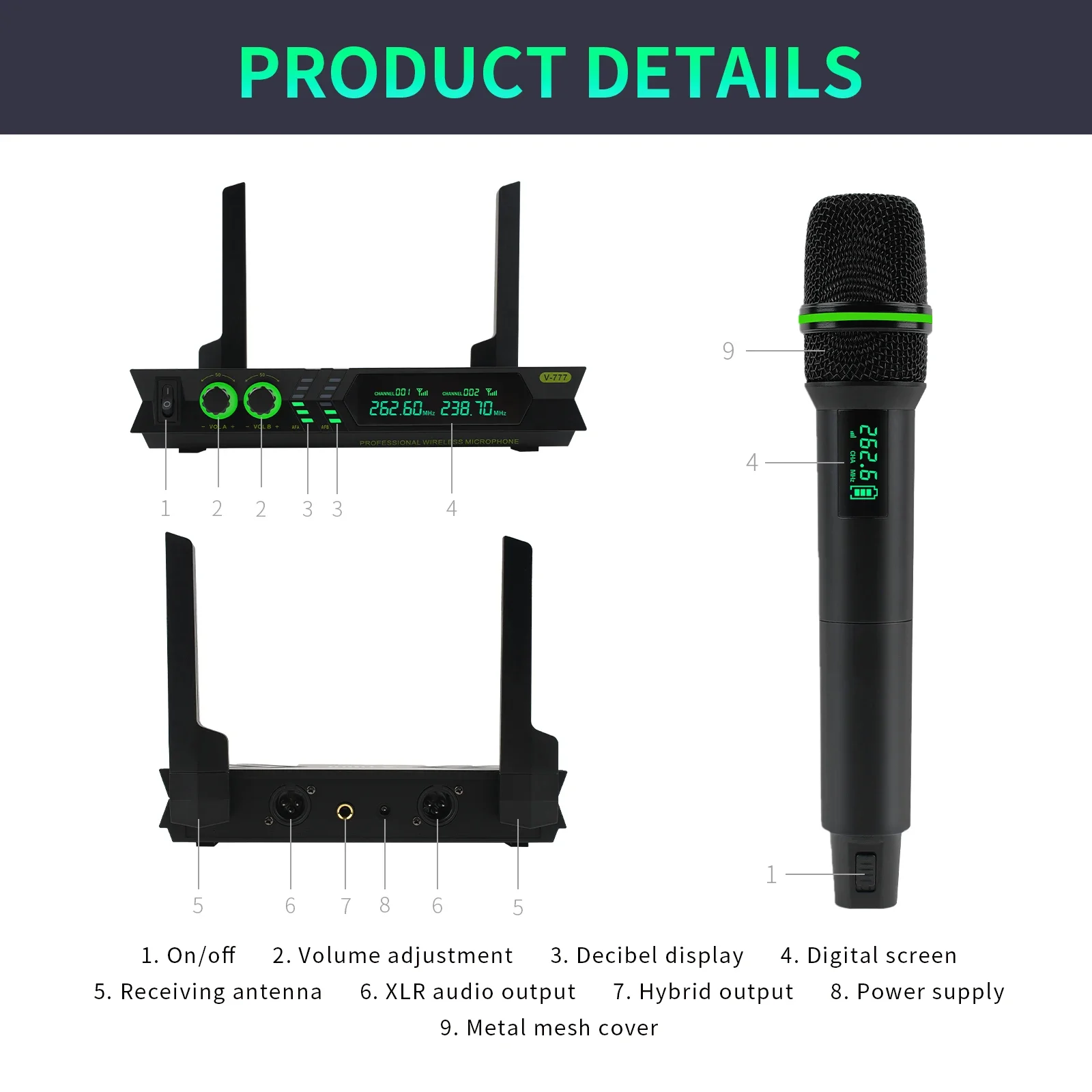 XTUGA V777 VHF Microfono dinamico wireless professionale Modulazione automatica della frequenza per conferenze karaoke in chiesa sul palco