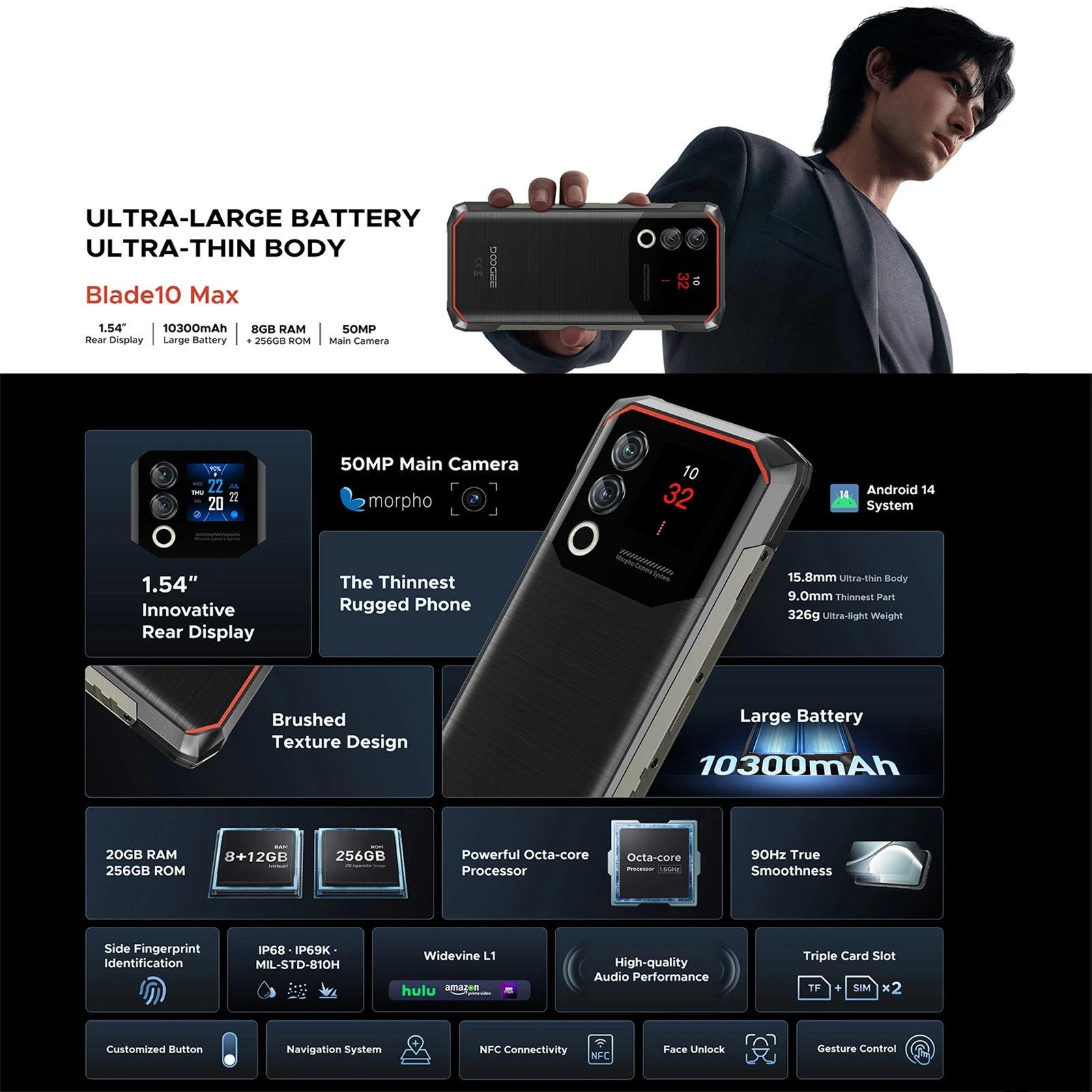 DOOGEE 블레이드 10 맥스 러기드 폰, 8GB + 256GB 50MP 메인 카메라, 18W 충전, 6.56 인치 90Hz 디스플레이, 안드로이드 14 10300mAh NFC 4G 스마트폰