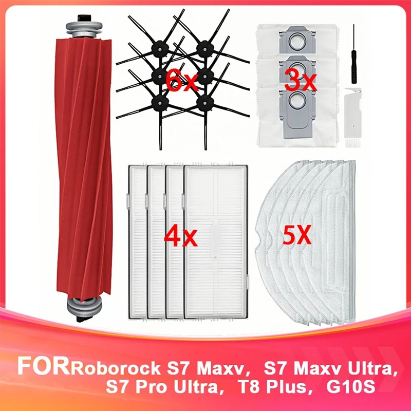 A44F-Replacement Spare Parts For Roborock S7 Maxv, S7 Maxv Ultra,S7 Pro Ultra, T8 Plus,G10S Robot Vacuum,Main Brush,Dust Bags
