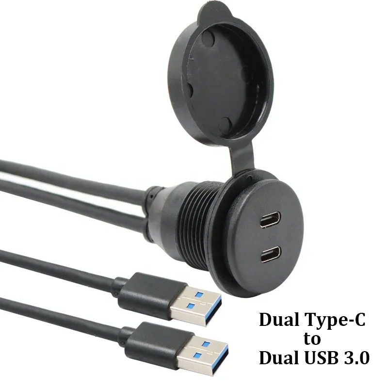 1m 2m Flush mount Dual USB A 2.0 to USB C Female Car Dash Panel mount USB Ports Extension cable for Car Stereo Radio Accessories