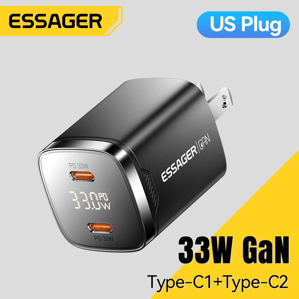 Essager 33W GaN USB Charger PD3.0 Dual Port Type C Fast charger for iPhone16 15 14 13 Macbook iPad Samsung Huawei Xiaomi