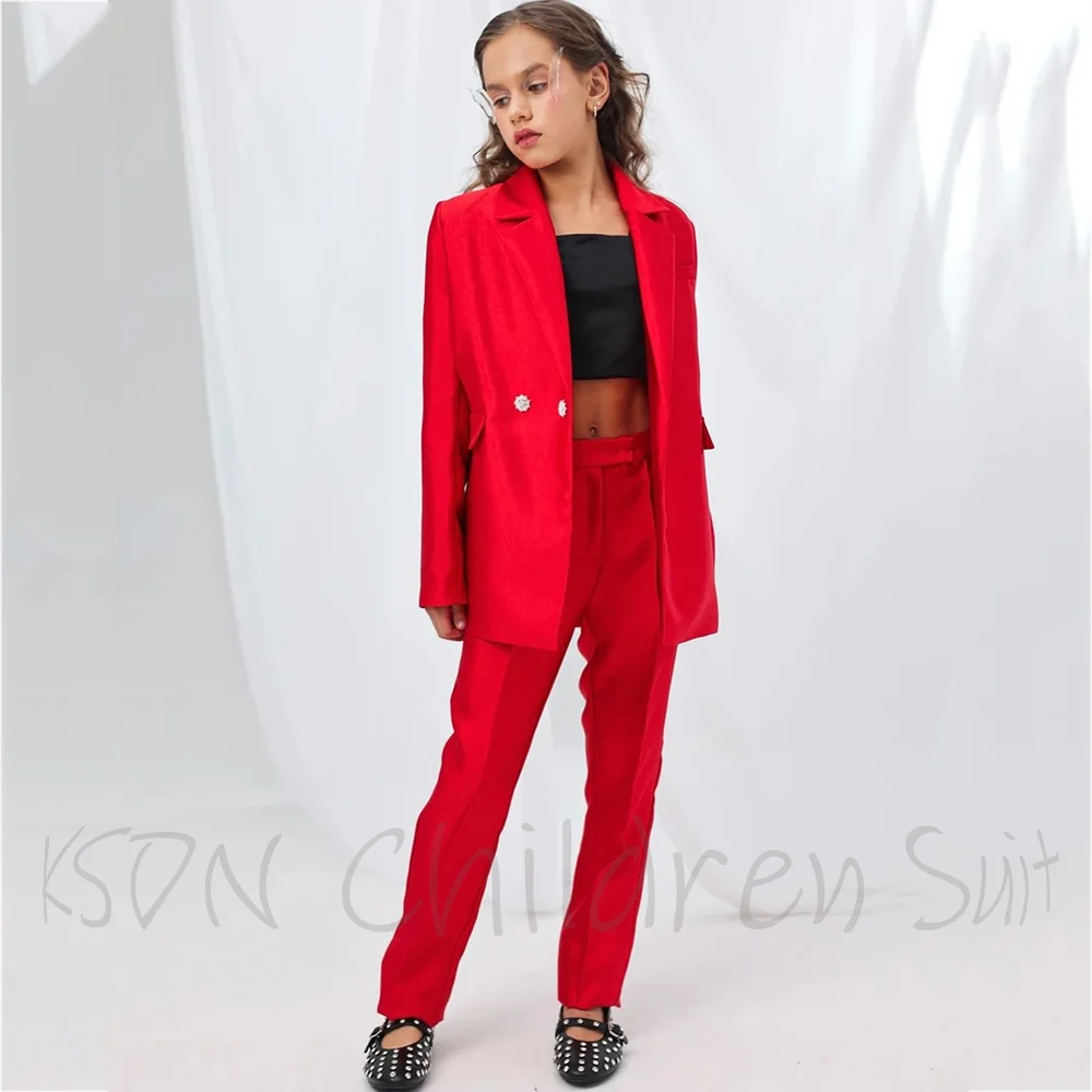 Girls Bright Red Two Piece Suit Notched Lapel Blazer Pants Custom Made Stage Show Birthday Kids Fashion Outfit Set High Quality