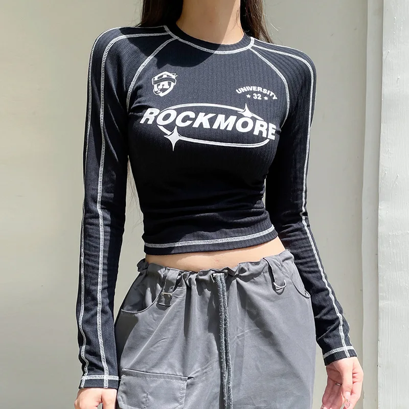 Black Fashion Tees Women Autumn Streetwear Bodycon Casual Basic T-shirt Female Long Sleeves Letter Print O-Neck Slim Crop Top