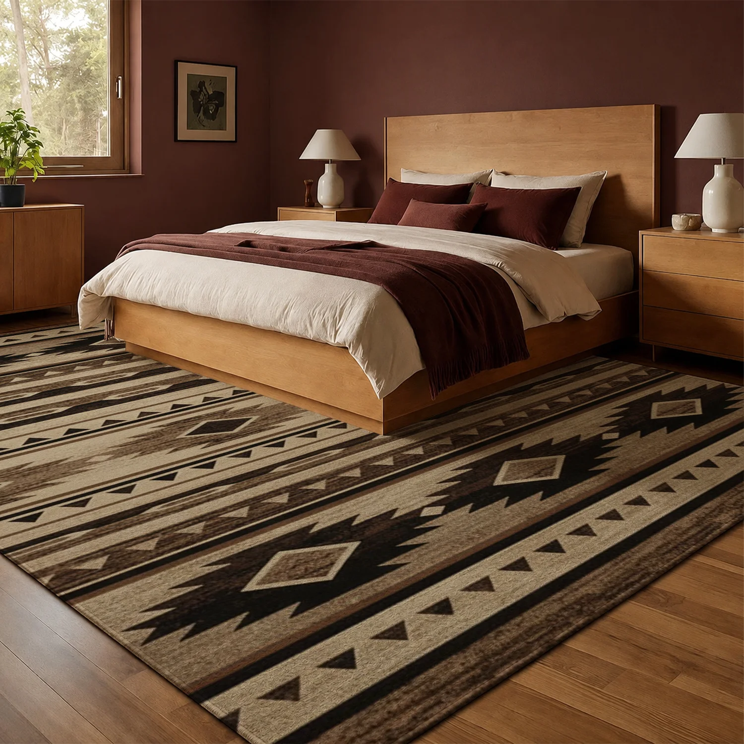 Large Indoor Area Rug, Soft Velvet Low Pile Non-Slip Dotted Backing Machine Washable Tribal Southwest Geometric Striped Floor Rug for Living Room and Bedroom, Neutral Brown Beige Patterned Rug for Entryway Home Decor