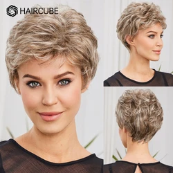 Korte Bruin Gemengde Blonde Pruiken voor Vrouwen Pixie Krullend Golf Bob Pruiken Met Bang Natuurlijk Dagelijks Gebruik Haar Kanekalon Synthetische Vrouwen Pruik