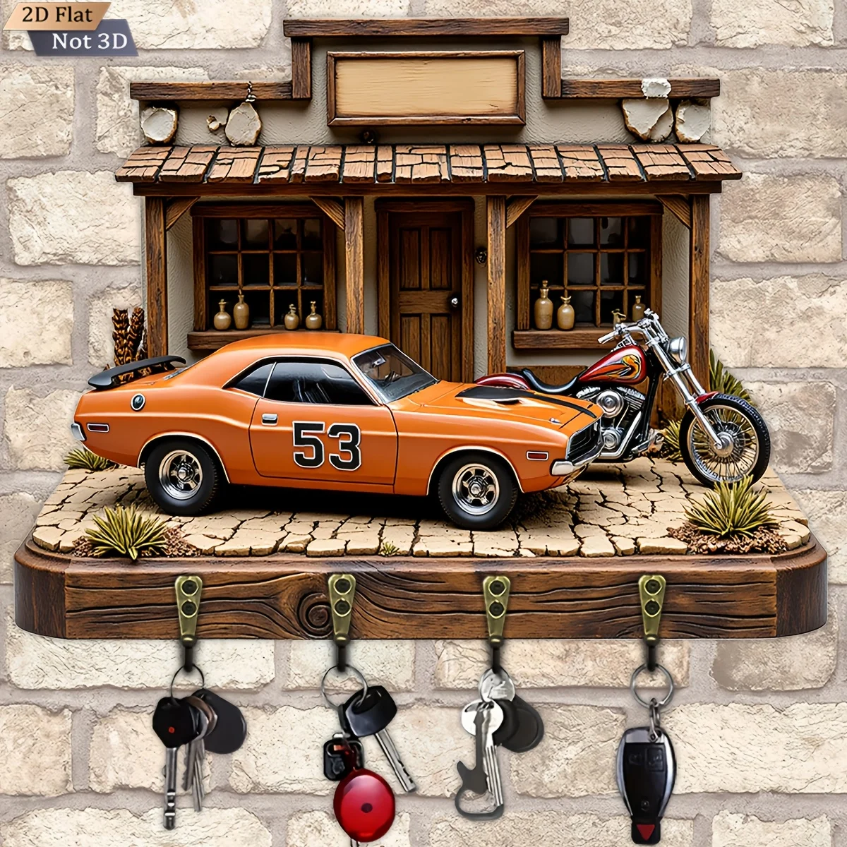 2D Flat, 1pc, Retro Western Car Motorcycle Key Hook Wooden Multifunctional Home Key Rack with Four Metal Hooks, Wall