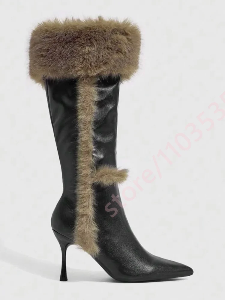 Women Elegant Pointed Toe Knee High Boots Brown Furry Cuff Trim Black Pu Stiletto Heel Side Zipper Winter Party Dress Tall Boots