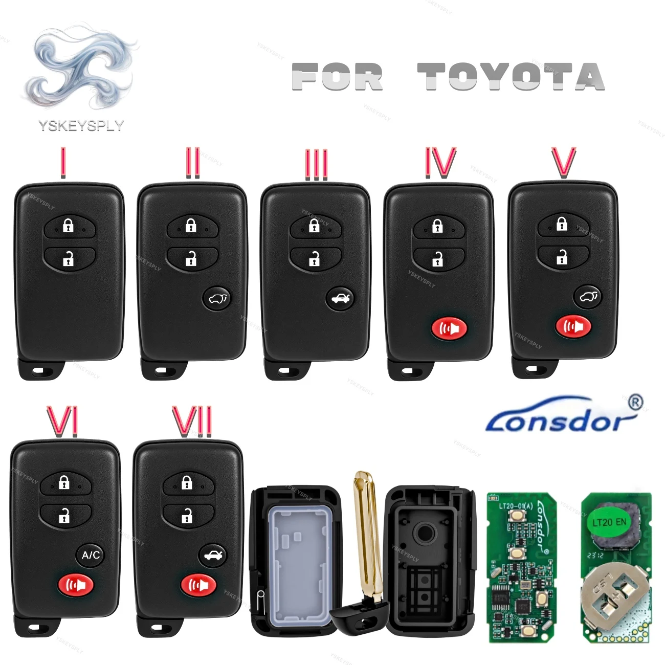 For Toyota Lexus Lonsdor LT20-01 Smart Key Fob Universal PCB 8A+4D Chip 312MHz–434MHz Works with K518 KH100+ KW100 BSKG
