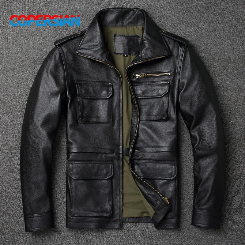 2024Autumn latest Top Cowhide Men's Leather Jacket Oversized Man Real Motorcycle Style Hunting Coat