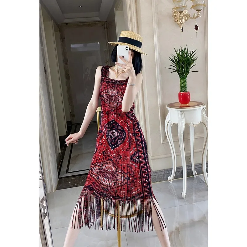 SMVP 여성 우아한 드레스 스퀘어 넥 민소매 빈티지 인쇄 술 디자인 느슨한 대형 캐주얼 드레스 2025 여름 새로운