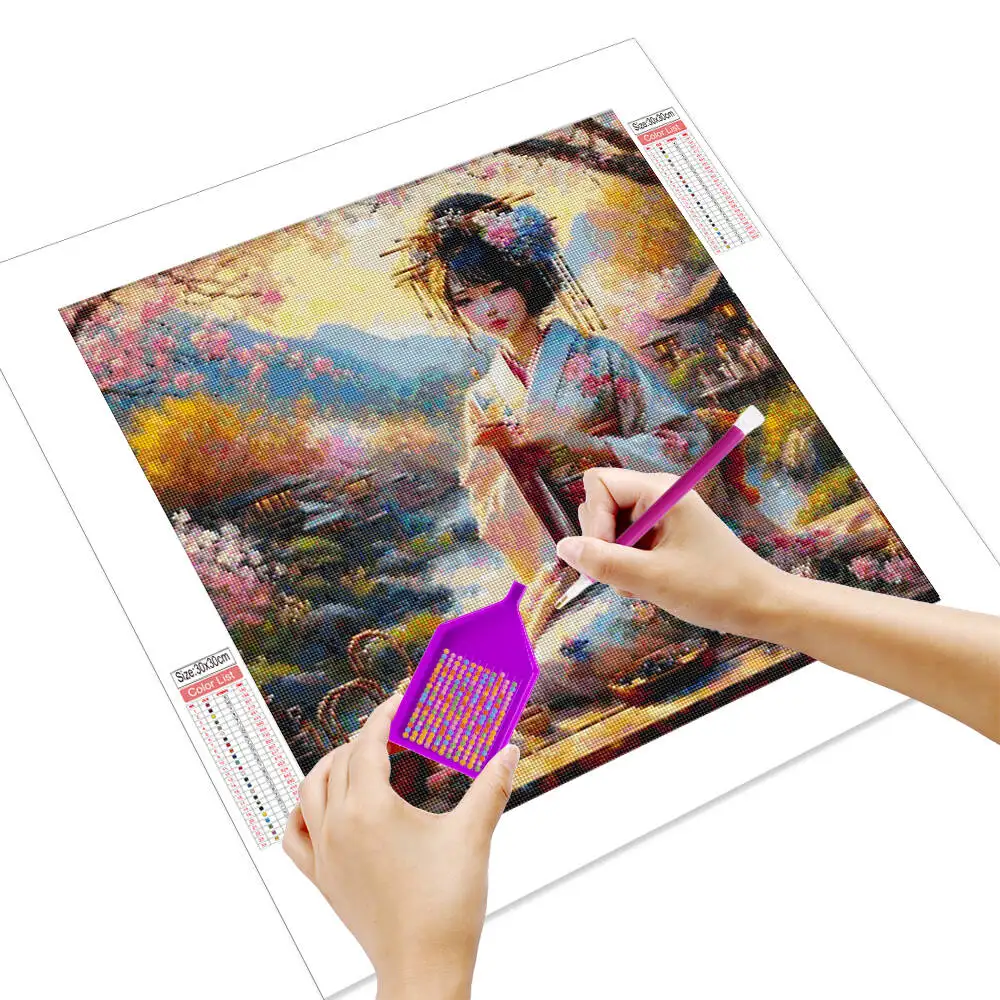 HUACAN Diamond Embroidery Sale Japanese Women Potrait Mosaic Handmade Cherry Blossom Flower Diamond Painting 5d Portrait