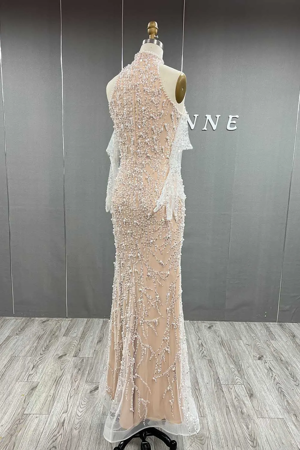 YQLNNE Elegant Nude High Neck Pearls Beading Evening Dress with Gloves Long Mermaid Prom Party Gown Removable Skirt