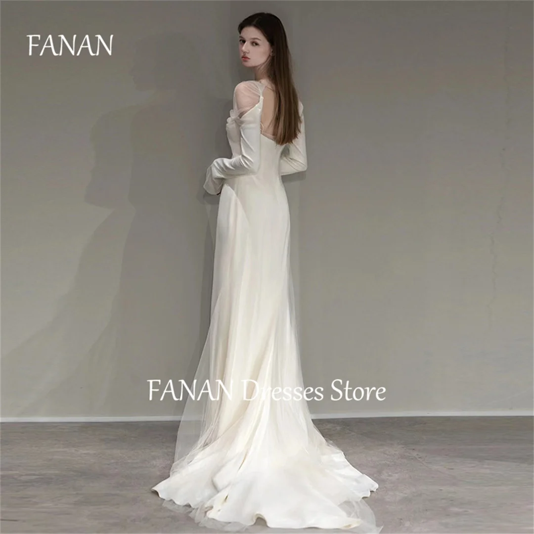 FANAN Korea Long Sleeve Square Collar Wedding Dresses Sheath 웨딩드레스 Ivory Sexy Backless Satin Customized Bride Gowns Plus Size