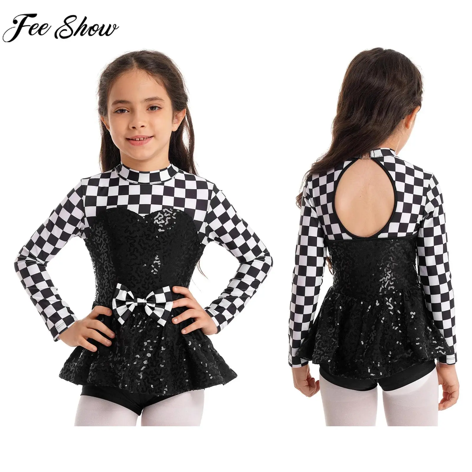 

4-+14Y Girls Halloween Carnival Party Racer Cosplay Performance Costume Long Sleeve Sequin Checkerboard Print Bodysuit Dress