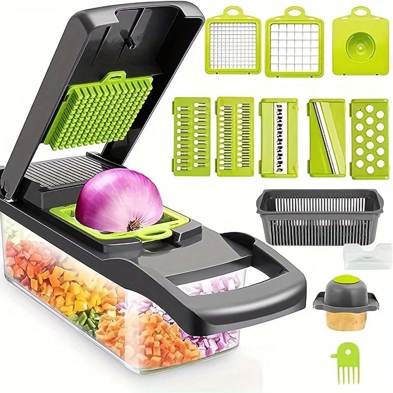 16in 1 /11in1Multi-functional Vegetable Slicer and Slicing Kit - Manual Food Processor with Container, Drainage Basket