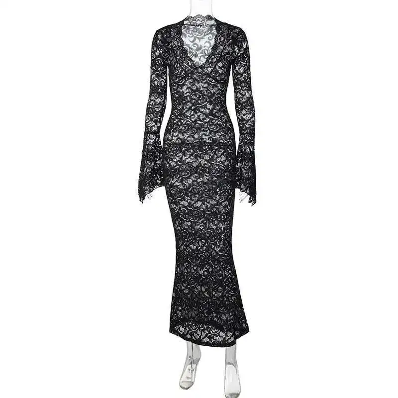 

New Hot Selling Sexy Deep v Lace Pattern Perspective Slim Fitting Long Sleeved Street Style Long Dress for Women Women Elegant