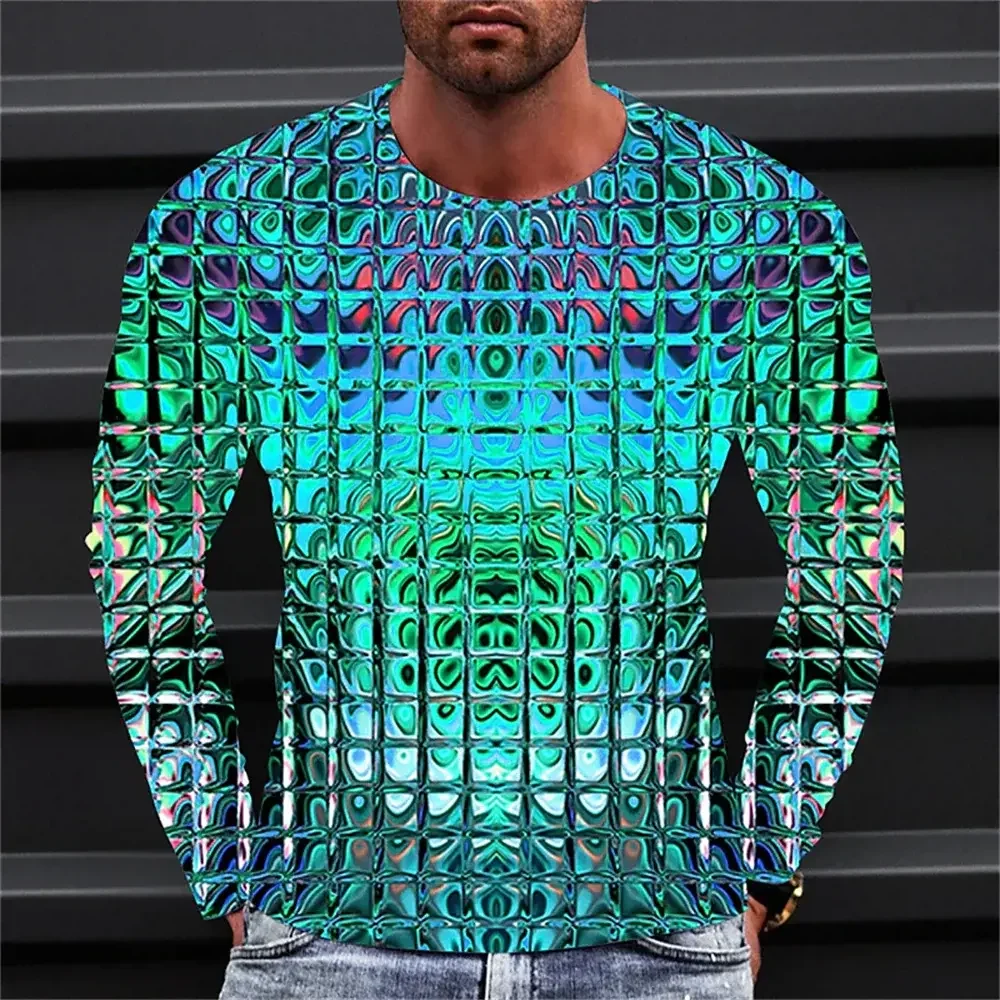 Optical Illusion Diamond 3D Printing New Men's Casual Long Sleeve Men's Long Sleeve T Shirts Trend Funny Top Tees Clothing