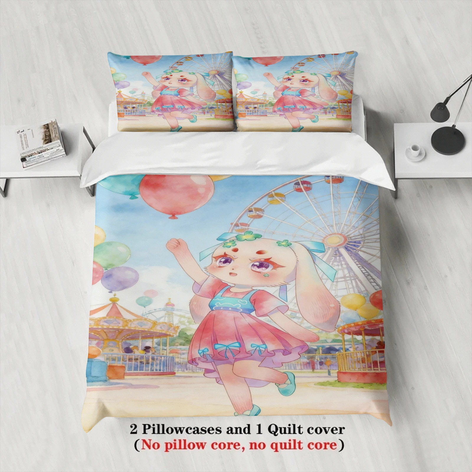 Softville Cozy Town 3PCS Bedding Sets Lop Rabbit in Amusement Park Printed Duvet Cover No filling Cartoon Style Queen King Size