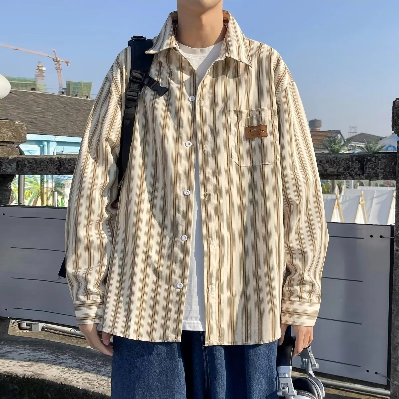 Men's Long Sleeve Stripes Shirts, Comfortable Blouses, Casual Loose Single Breasted, Male Vintage Shirt, Spring, Autumn