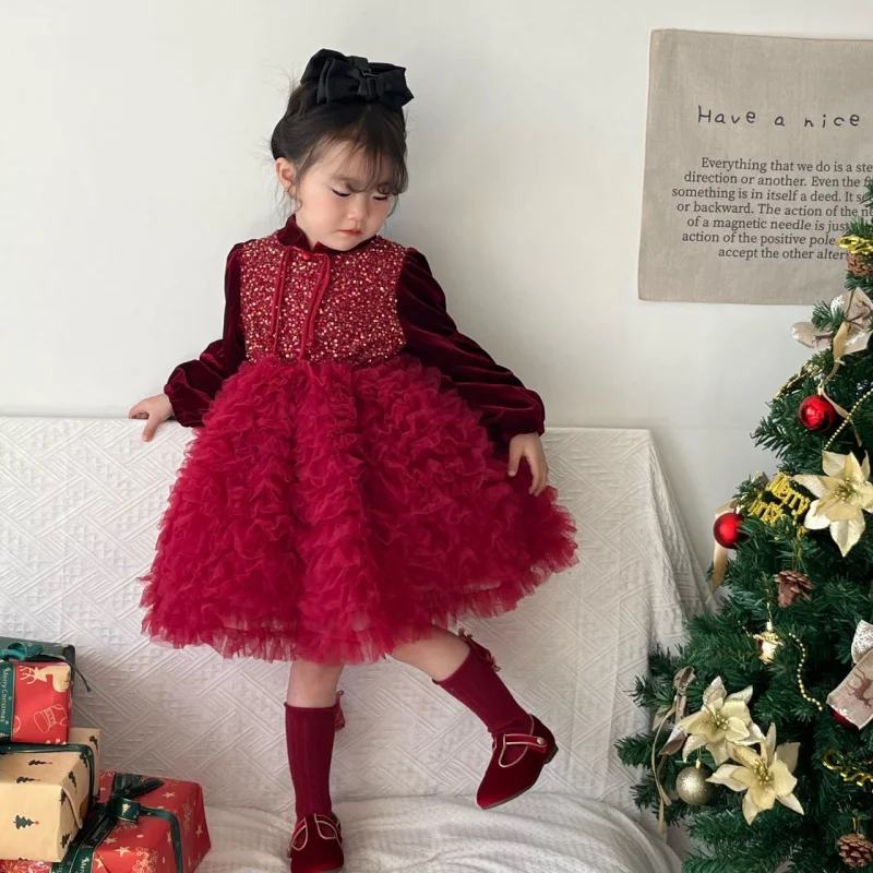 

Girls' New Chinese Style Velvet Cake Skirt2025Autumn and Winter Sequin Puffy Tulle Dress Retro Fleece Princess Dress