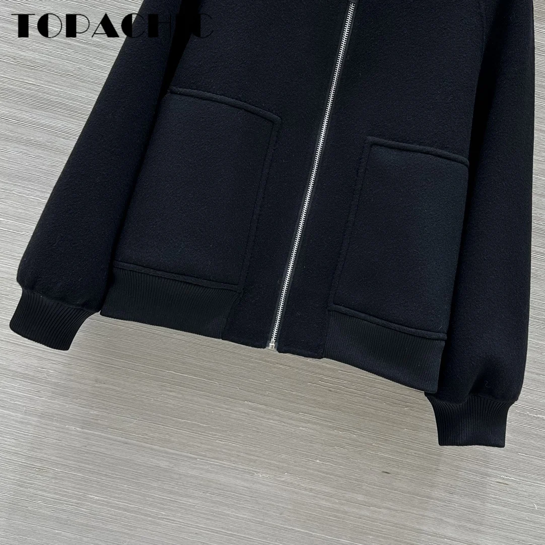 8.26 TOPACHIC-Women Hand Double-Sided Cashmere Flying Jacket Temperament Ribbed Collar Raglan Sleeve Loose Short Zipper Coat