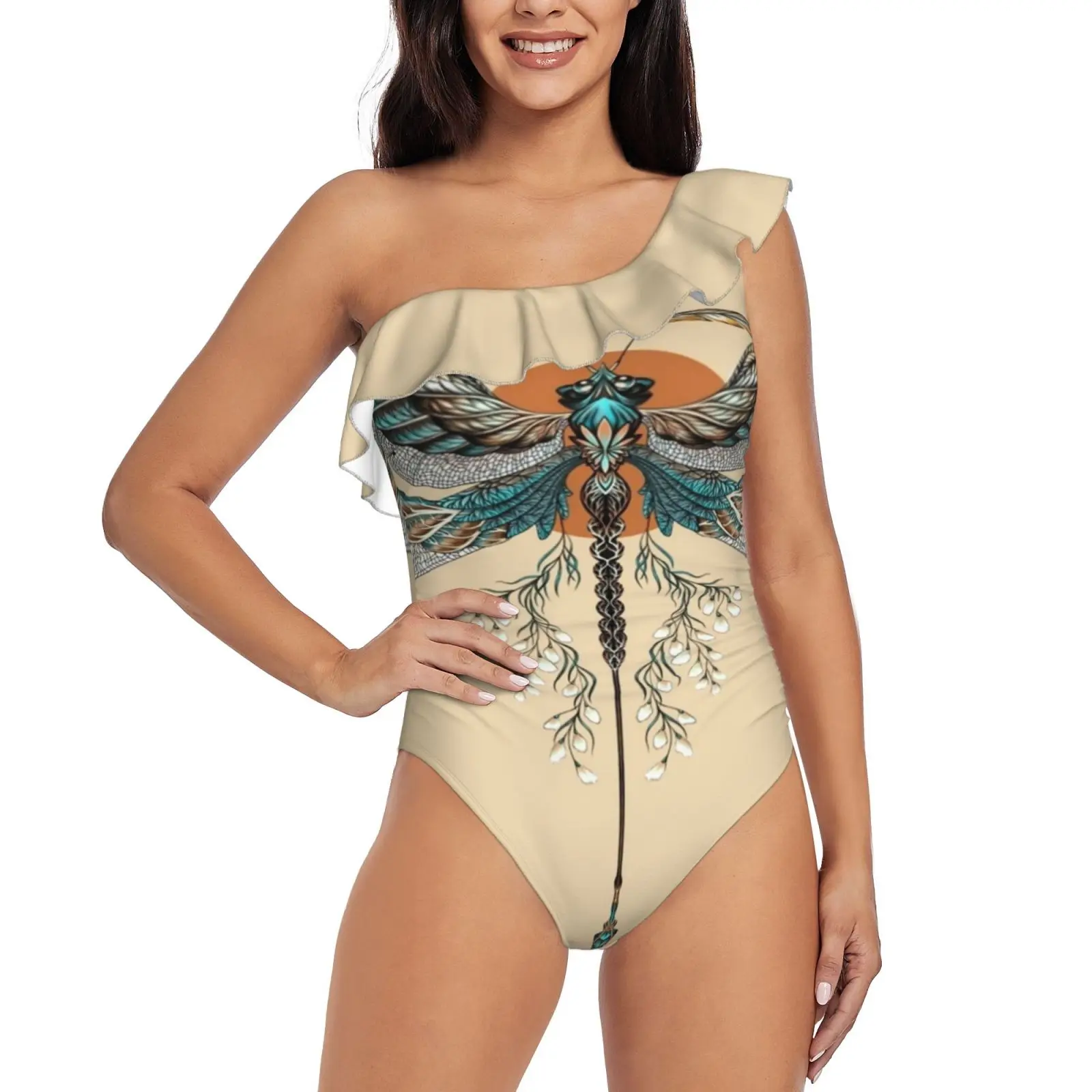 Dragon Fly Tattoo One Piece Swimwear One Shoulder Ruffle Swimsuit Women Backless Bathing Suit Dragonfly Dragon Tattoo Bug Arrow