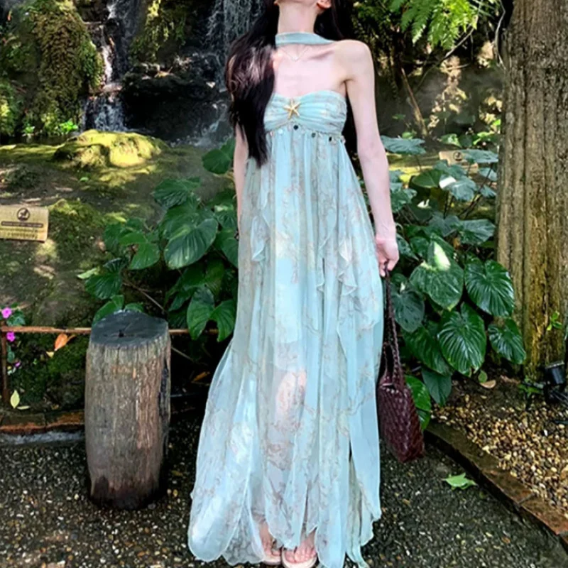 Abito Estivo Floreale Monopezzo da Donna con Scollo all'Americana Senza Maniche a Vita Alta Stile A-Line Dolce Fresco Casual