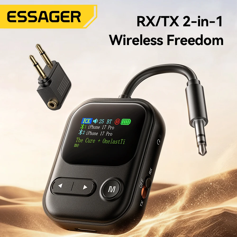 Essager Bluetooth 6.0 Audio Transmitter Receiver 2 IN 1 RT/TX Adapter 3.5MM With Mic LCD Display For Speaker Car TV PC Airplane