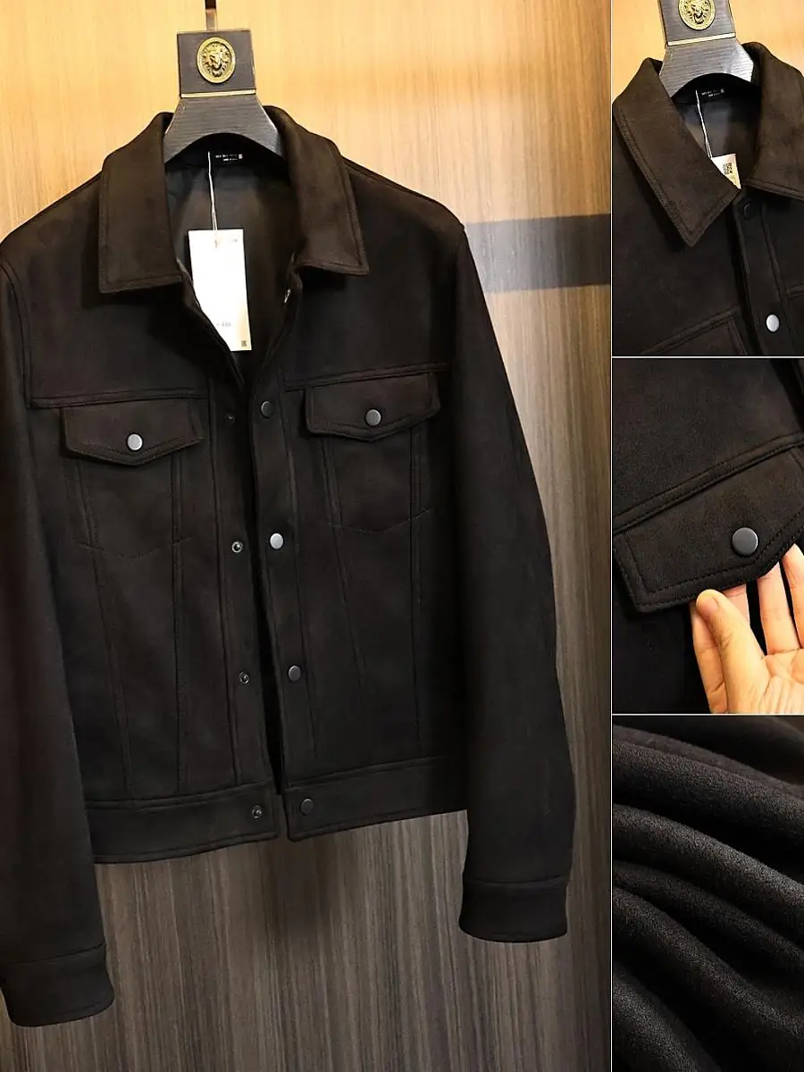 

Retro Suede Jaet Men's Color Faionable Collar Autumn Winter Thiened Long Sve Casual Outerwear Urban Sle