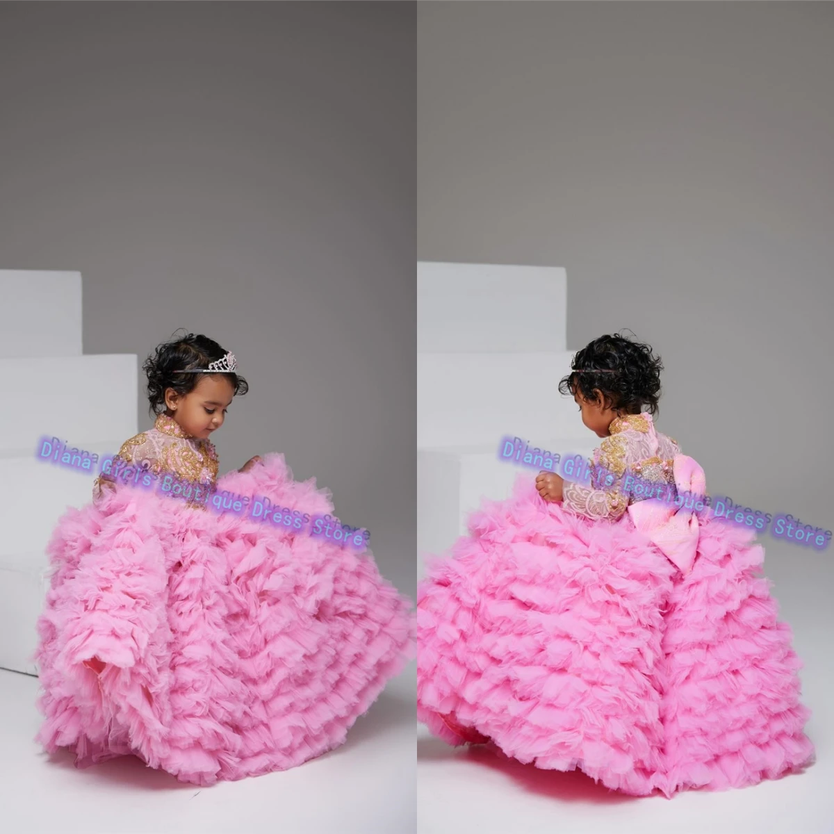 

Lovely Little Baby Girls Flower Girl Dress Pink Lace Bow Sash Tulle Layering Sequins Wedding Party Kids Birthday Customized Gown