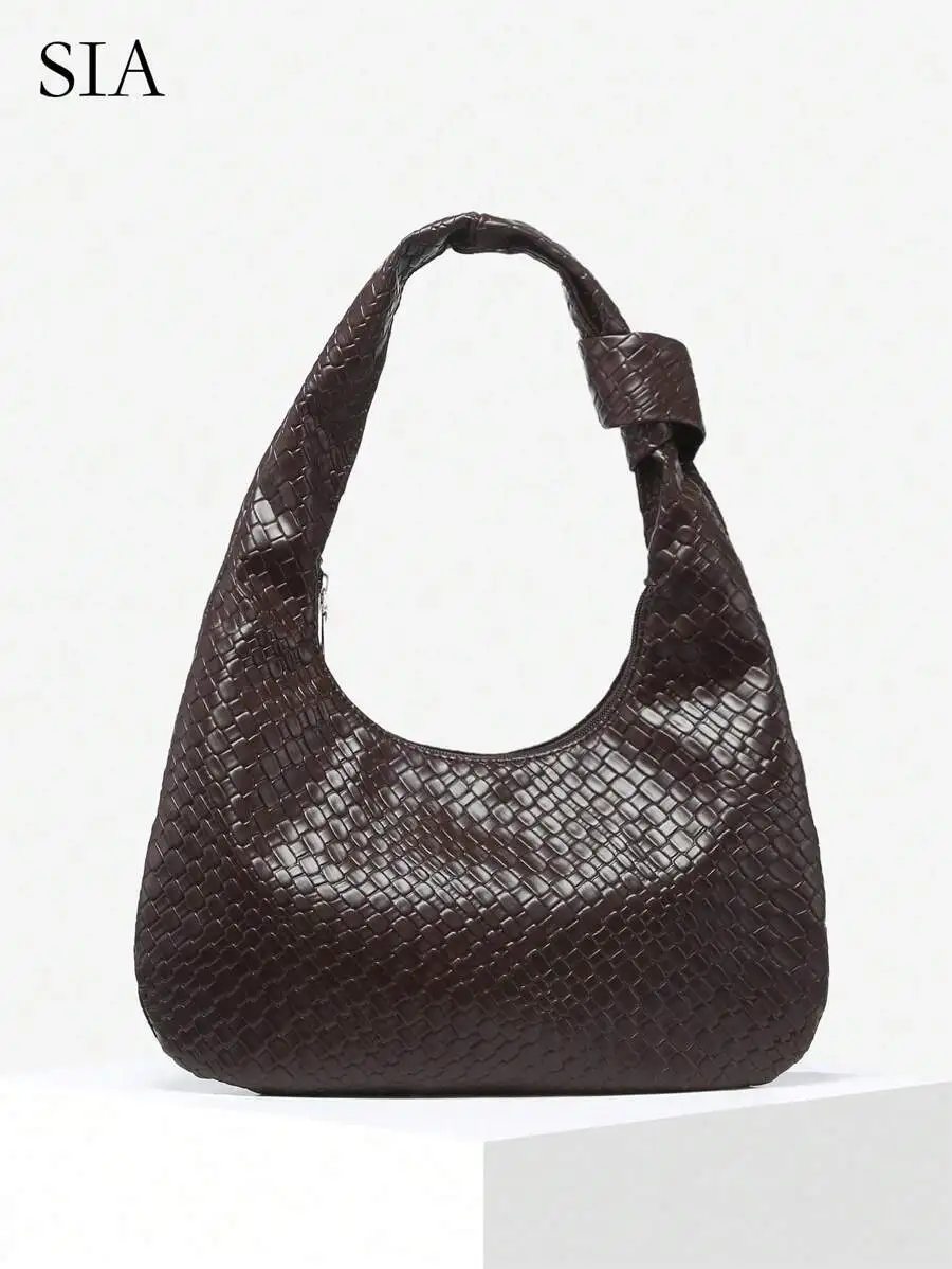 

Женская сумка-хобо из коричневой искусственной кожи с плетеной текстурой, вместительная повседневная сумка-тоут