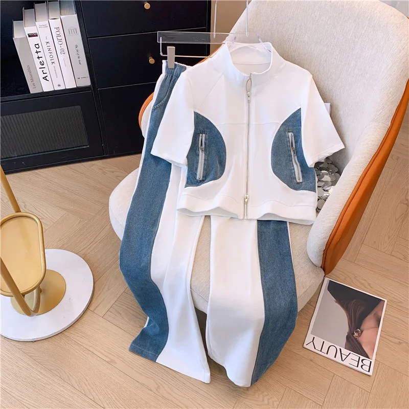 2024 Summer New Stitched Zipper T-shirt top Female Set Elegant Women\'s Jeans Casual Blouse Two Piece Set Ladies Tracksuits big