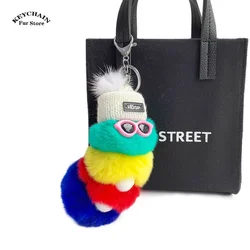 Colorful Plush Caterpillars Cute Keychain With Sunglasses Soft Rabbit Fur Animal Pompom Pendant With Key Rings For Women Handbag