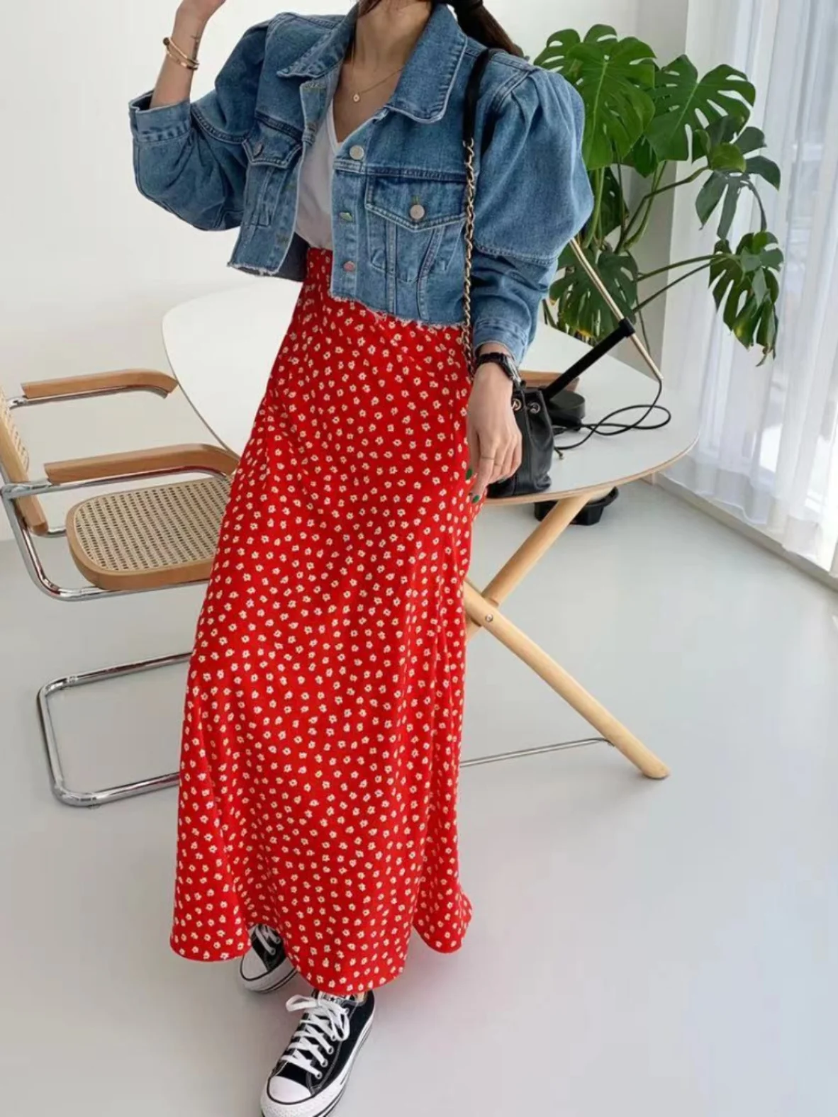 Floral Print f-length Skirt Women's Elastic Waist Loose Fit Thin Sle Age-reducing Versatile Wrap-around Hip Silhouette C...
