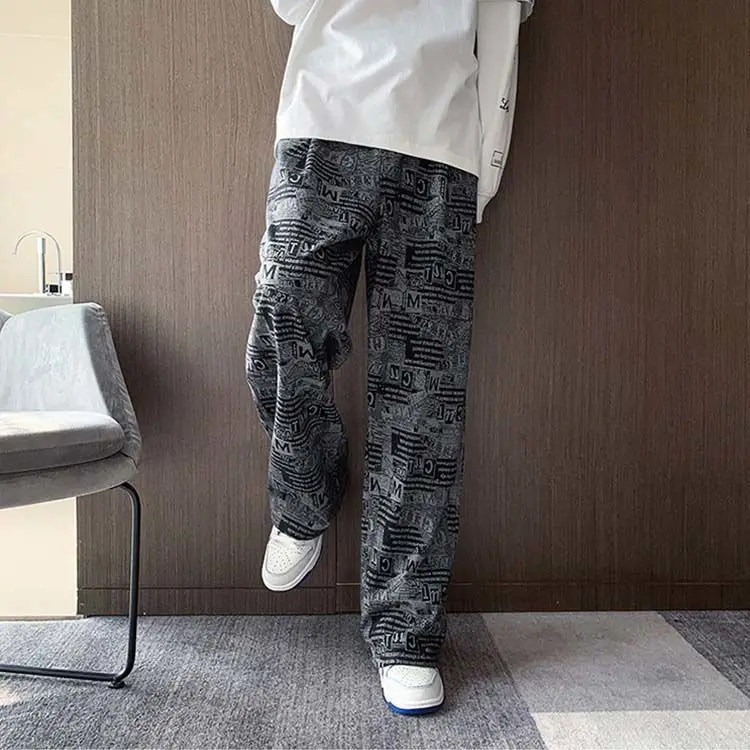 Men's Vintage Newspaper Print Baggy Jeans Y2K Streetwear Wide Leg Denim Trousers Hip Hop Loose Casual Pants Plus Size