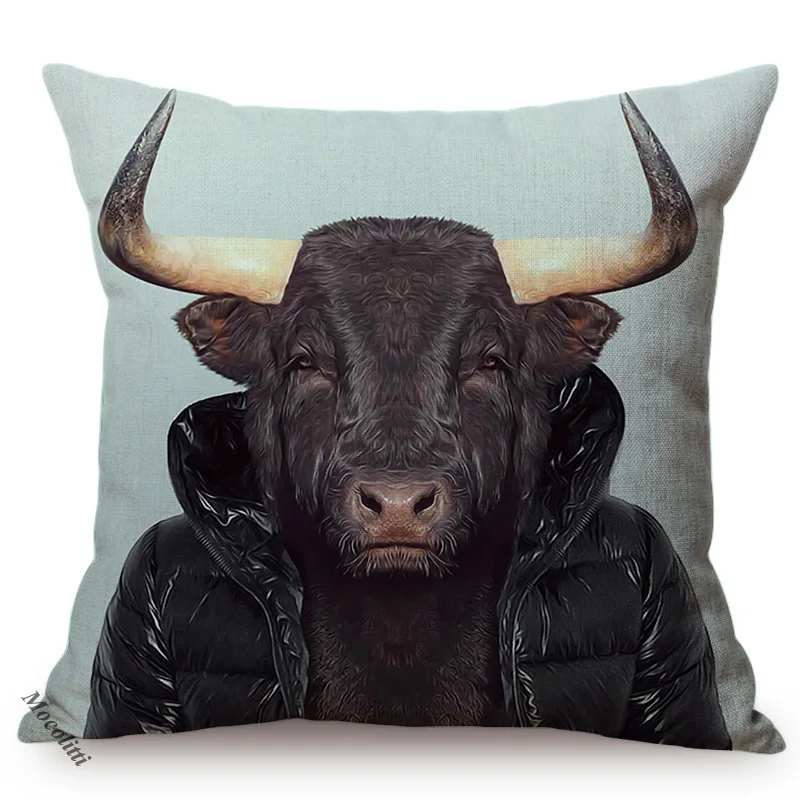 Nordic Animal Portrait Art Sofa Decorative Pillow Case Funky Cow Bear Rabbit Elephant Wear Clothes Style Cushion Cover cojines