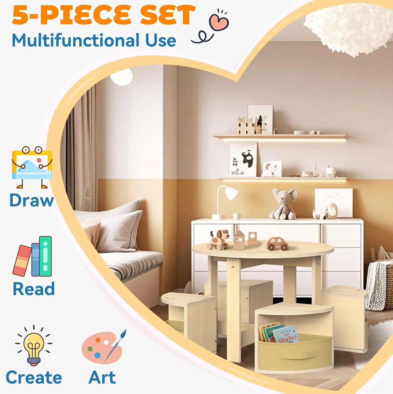 Toddler Table and Chair Set with 3 Storage Stools, Round Shaped Nesting Design, Kids Activity Table for Play/Art/Reading/Craft