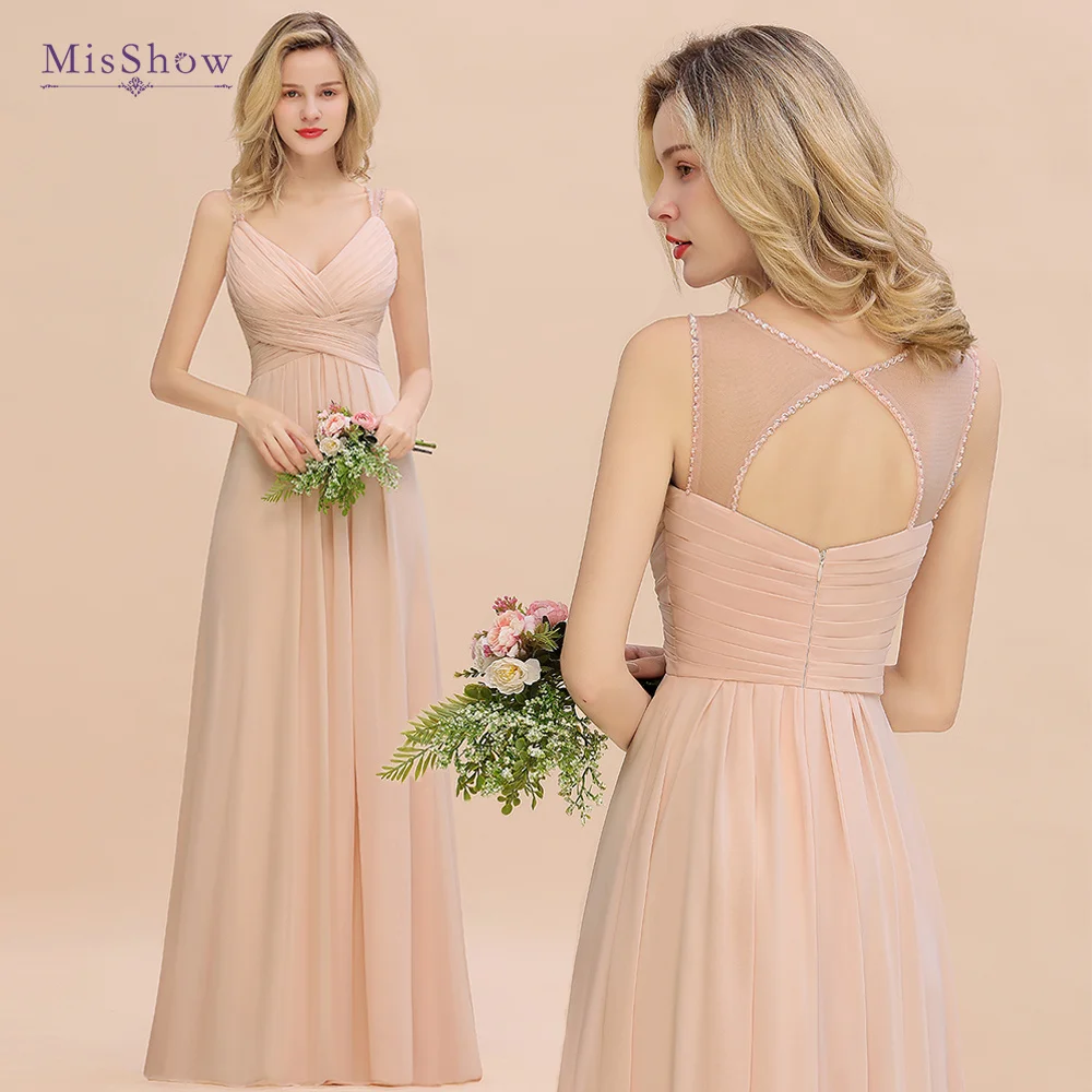 

MisShow Elegant Spaghetti Straps Pearl Pink Backless Bridesmaid Dresses V-neck Beadings A-Line Chiffon Long Prom Party Gowns