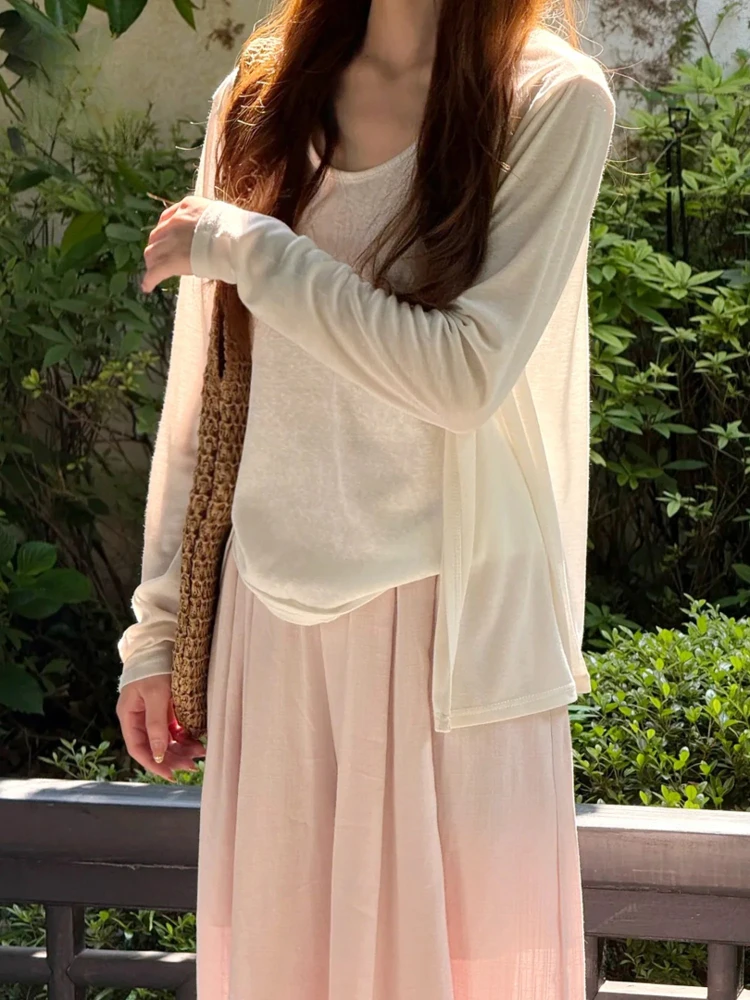 Women's Loose Casual Thin Cardigan Outerwear White Open-Shirt Style Slimming Top V-Neck Long Sleeve Polyester Fiber