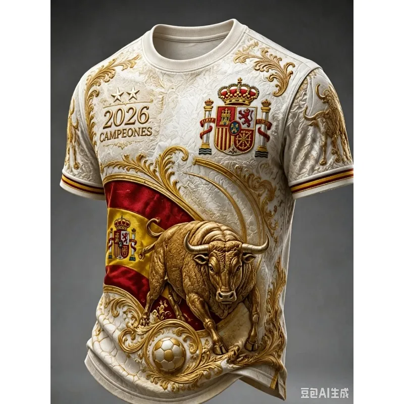 Spain 2026 Campeones FootballT-Shirt, Golden Bull & Spanish Flag 3D Print Soccer Jersey,  Breathable Quick Dry Casual Sports Tee