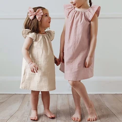 Girl's Dresses Summer New Linen Bamboo Fiber Blend Solid Color Cute Little Flying Sleeve Princess Dresses Children's Clothing