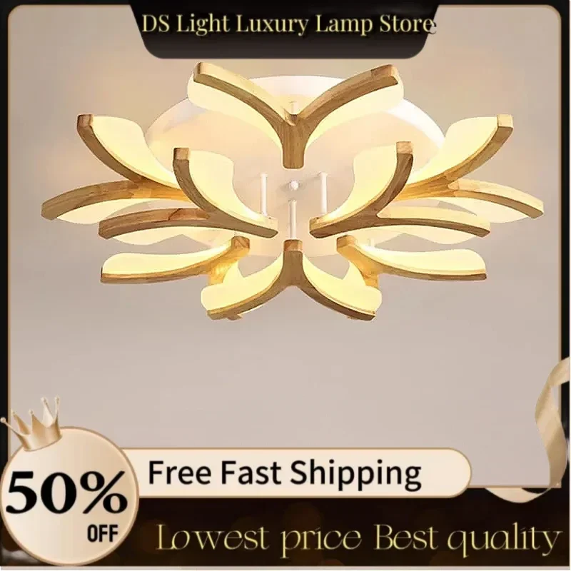 Nordic LED Ceiling Lamp Rubber Wood Log Bedroom Room Simple Modern Solid Wood Living Room Wooden