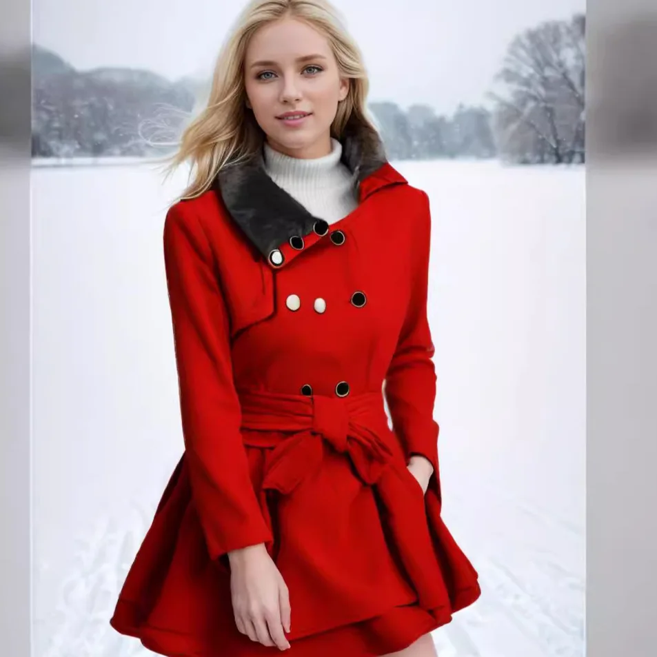 

Шерстяное пальто с меховым воротником, женская куртка, осень-зима 2024, теплые шерстяные куртки, двубортное пальто, верхняя одежда, модное пальто