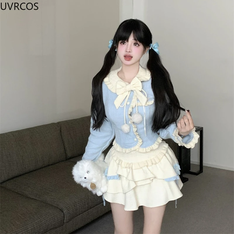 Blue Kawaii Lolita Style gonna Set donna Sweet Bow Peter Pan Collar giacche corte cappotto Slim minigonne abito moda coreana 2024