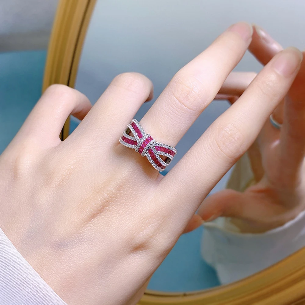 SHIPEI Luxury Solid 925 Sterling Silver Ruby White Sapphire Gemstone Bowknot Ring For Women Fine Jewelry Birthday Gift Wholesale