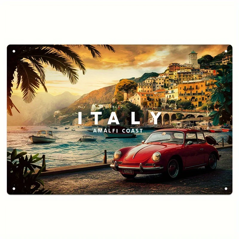 Vintage Amalfi Metal Wall Art Sign - , Italian Scenery with Red Car & Colorful Buildings, Easy-to-Install Pre-Drilled Holes, Pe