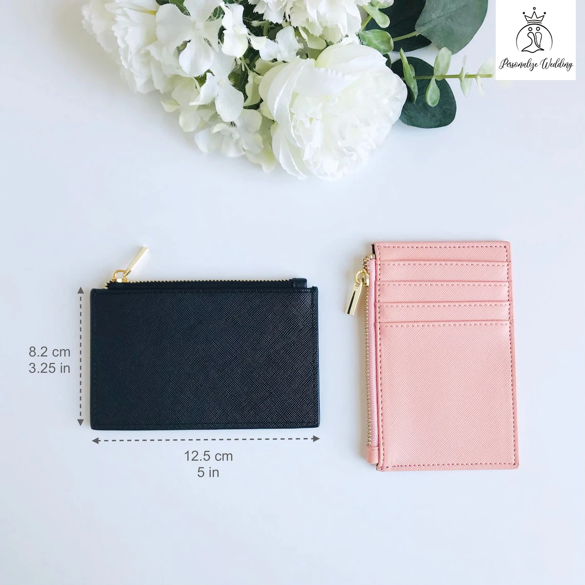 Personalized card holder with zip, Vegan leather card holder, monogram card holder, Bridesmaid gift, custom coin purse wallet