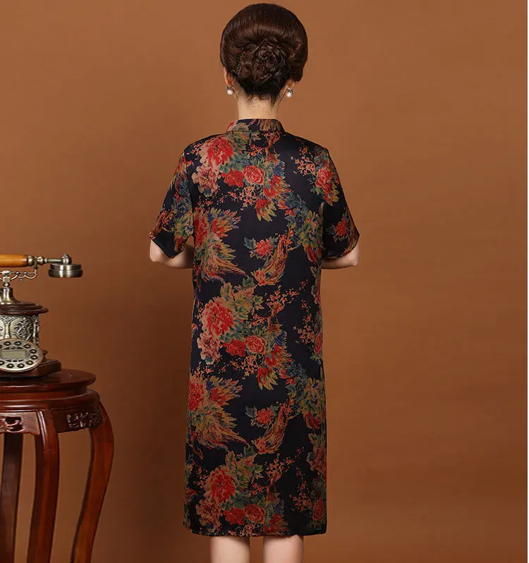 New arrival lady pure gambiered Guangzhou gauze stand collar printing dress,100% gambiered Guangdong silk loose dress women