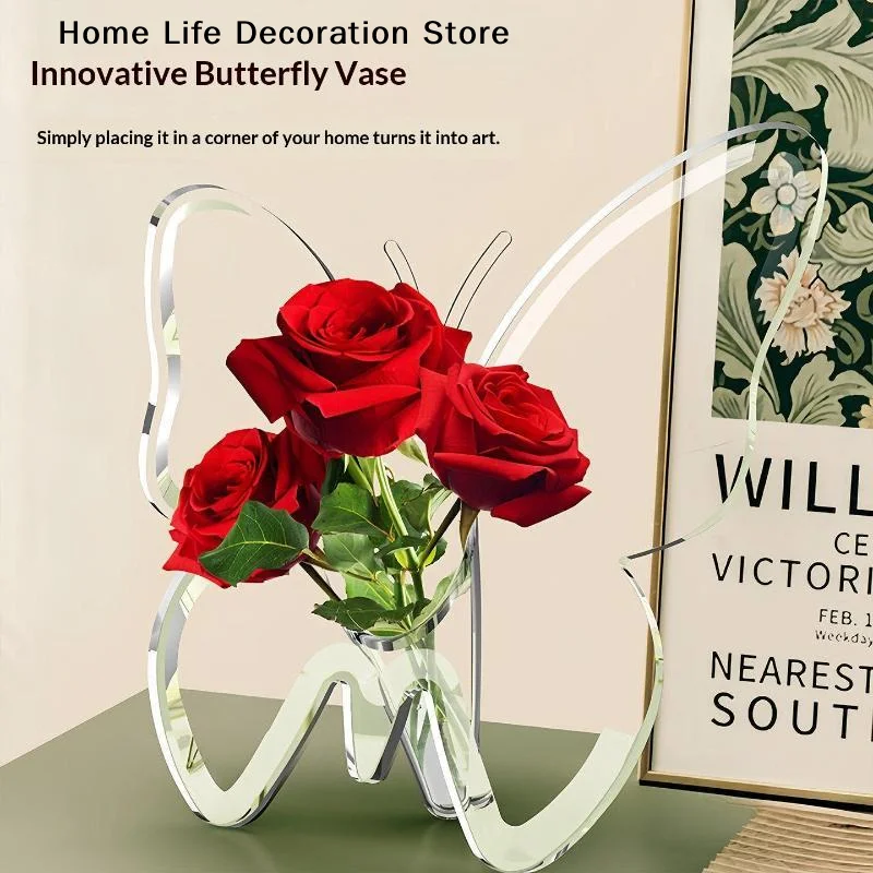【H】Clear Acrylic Butterfly Shaped Vase High Transparent Finish For Home Hydroponic Flower Display Decor
