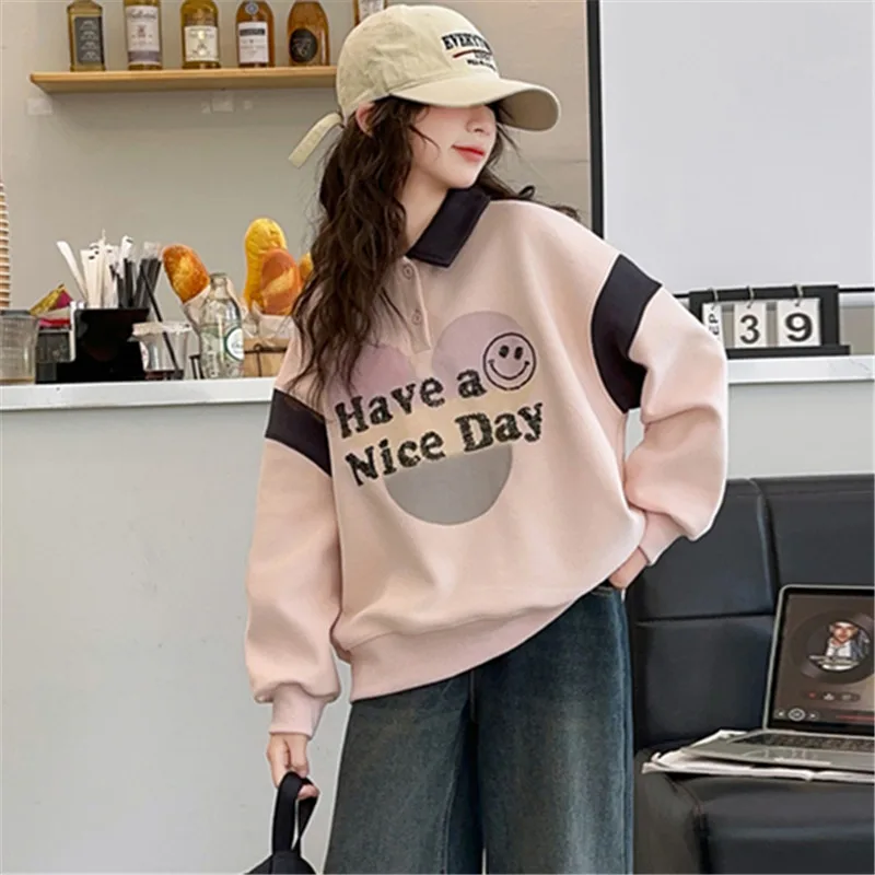 2024 New Trendy Autumn Kids Clothes Girl Long Sleeve Polo Sweatshirt for Girls Smiling Face Print Sweatershirt Tshirt Age 5-14 Y